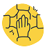 Hand-drawn icon of four hands joining together, set against a yellow circle.